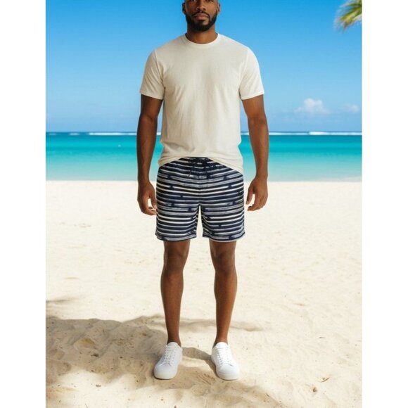 Nautica Mens Large Stripe Swim Trunks Board Shorts Polyester Navy & White Inside - Picture 1 of 6